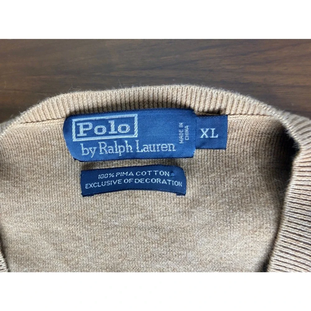 Polo Ralph Lauren Sweater Mens XL Brown V Neck Long Sleeve Pima Cotton‎ Preppy